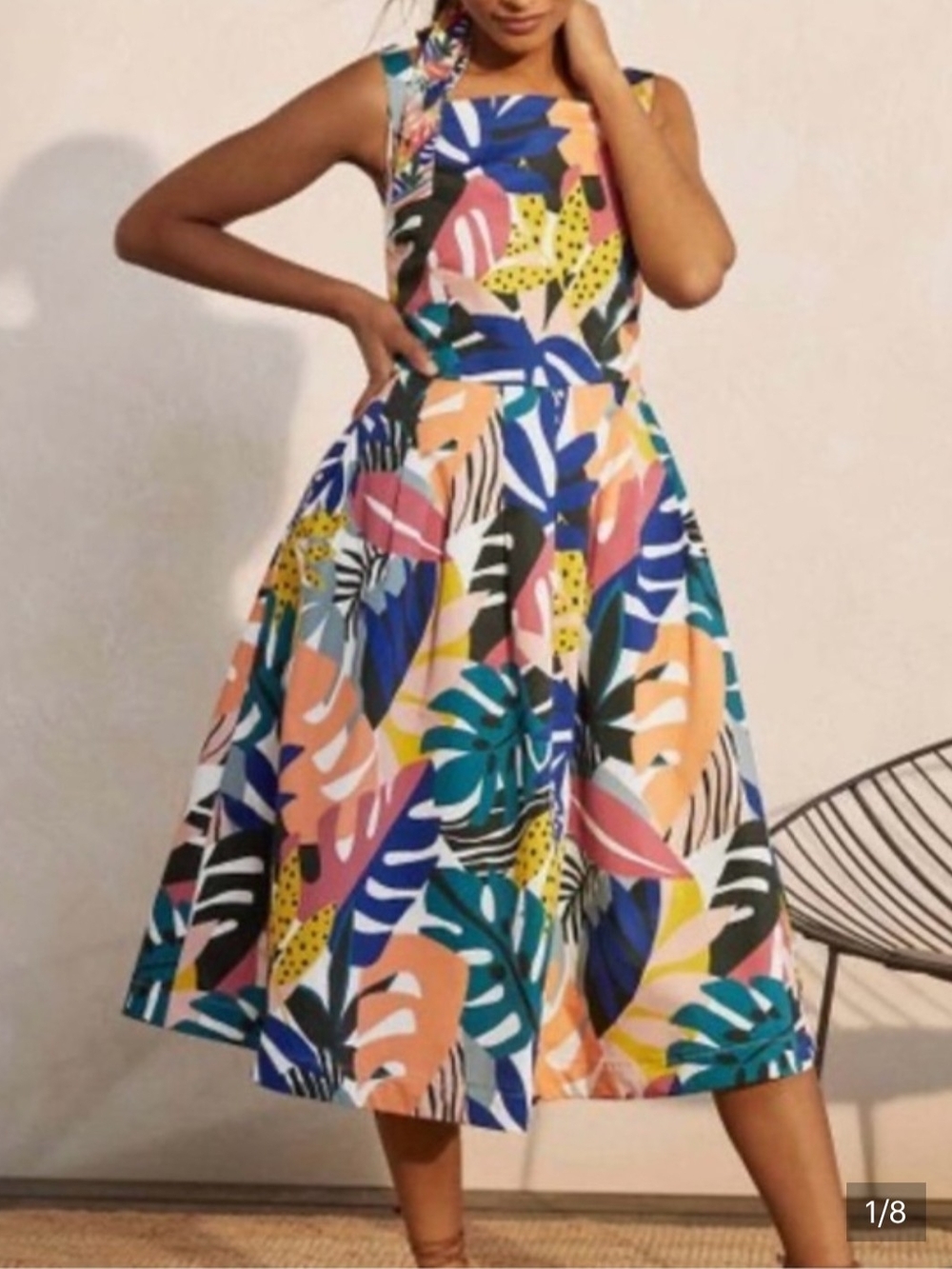 Boden Sleeveless Tropical-Leaf Midi Dress in Blue, Pink and Yellow